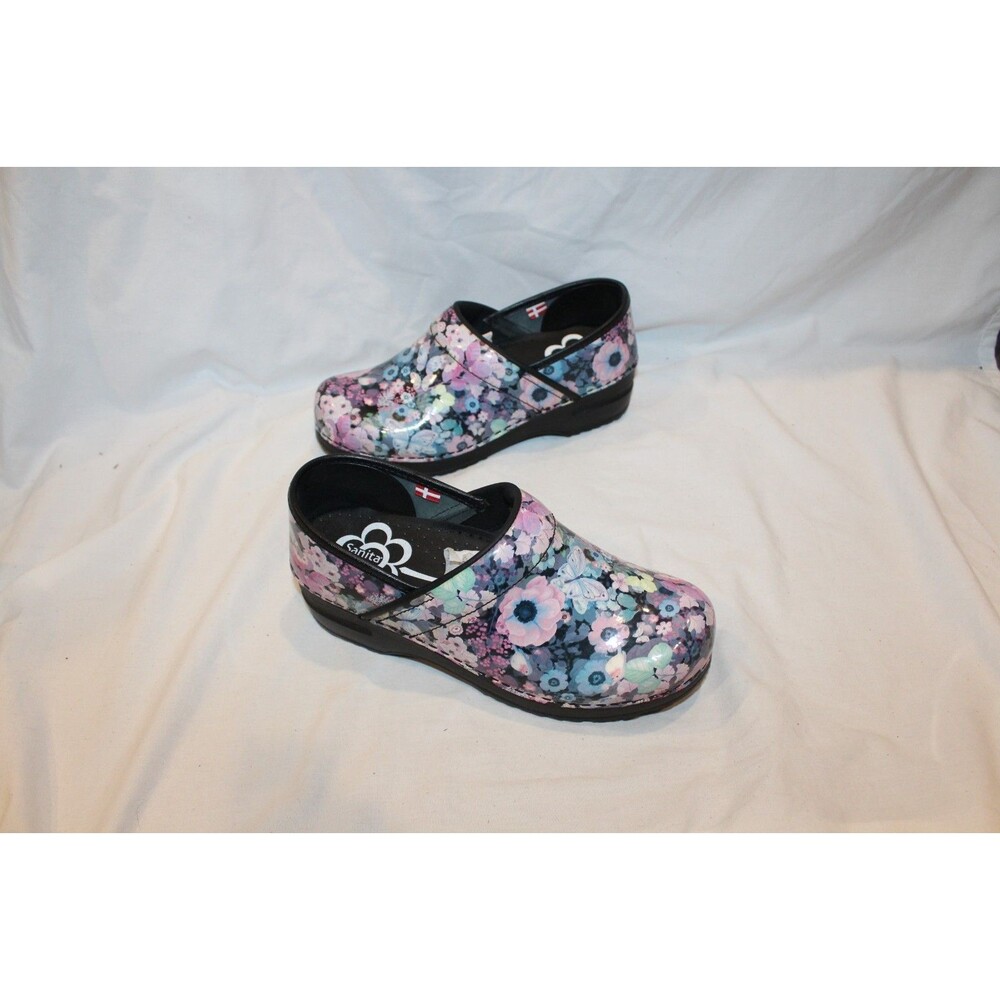 SANITA PATENT LEATHER SLIP ON FLORAL CLOGS PINK BLUE PURPLE BLACK SZ EU 38 - Picture 4 of 8